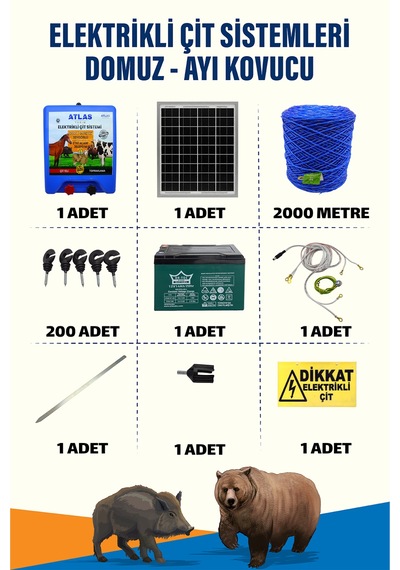 2000mt 25-100 Dönüm Domuz Kovucu Elektrikli Çit Sistemi 14a Akü Ve 25w Güneş Panelli