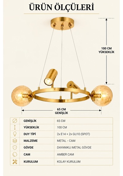 Modern Premium Gold Halka Sarkıt Avize 2xe14 + 2xgu10 Gold Kasa Cam Küreli Dekoratif Avize