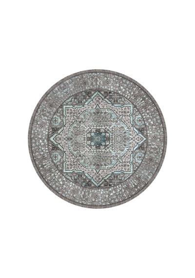 Frenda Home Vintage Desen Pamuk Taban Baskılı Yıkanabilir Yuvarlak Gri Halı