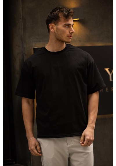 Gravel Oversize Bisiklet Yaka Pamuklu T-shirt - Siyah Siyah