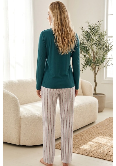 Siyah İnci Nakışlı Pamuklu Likralı Örme Pijama Takım26240325 Yeşil
