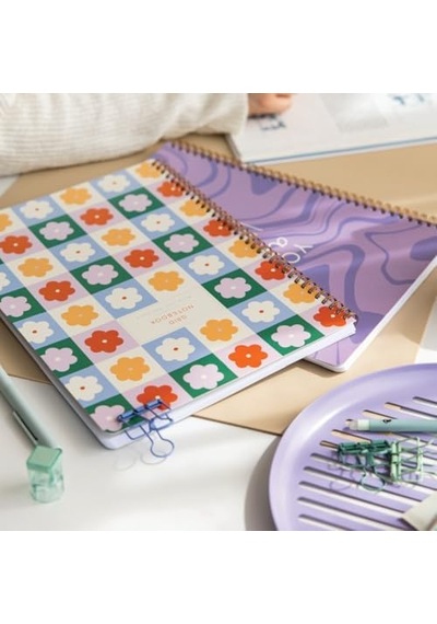 A4 Spiralli Karton Kapak 2 Li Set Kareli Okul Defteri 80 Yaprak, Ders Programlı Lila Çiçek 103 Ivory