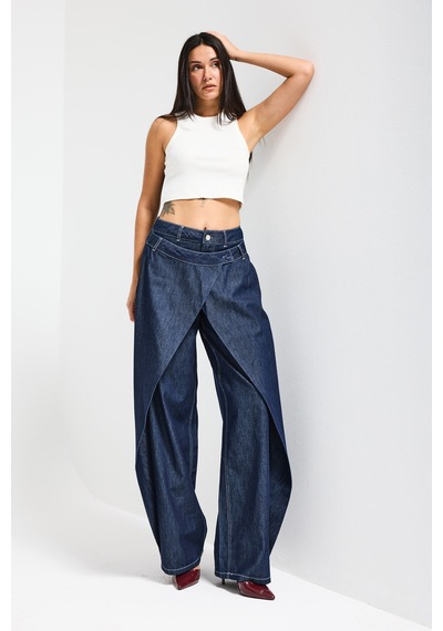 Itsbasic Kadın İndigo Bol Kesim Balon Fit Çift Pantolon Detaylı Özel Tasarım Denim Jean