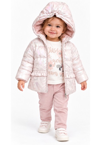 İrem Kız Bebek Hologram Harf Desenli Peluş Astarlı Fırfırlı Montlu Pudra Renk Üçlü Takım