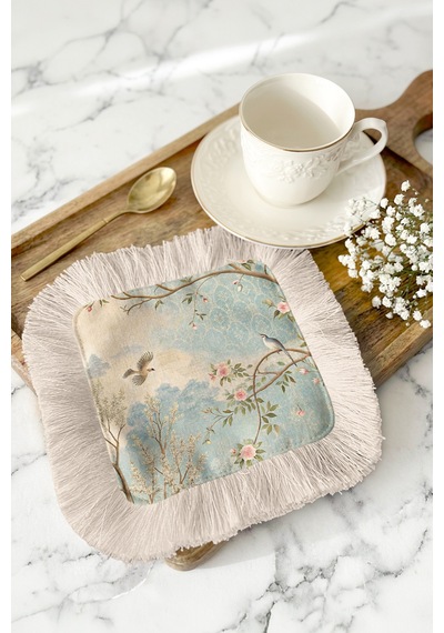 Lüks Kuşlu Çiçekli Püsküllü Sunum Peçetesi-pastoral Vintage Mavi Pembe Krem Bardak Altlığı Mendil Çok Renkli