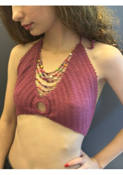 Gönülden Tasarım El Örgüsü Boncuk Kolyeli Kadın Büstiyer Crop Pembe