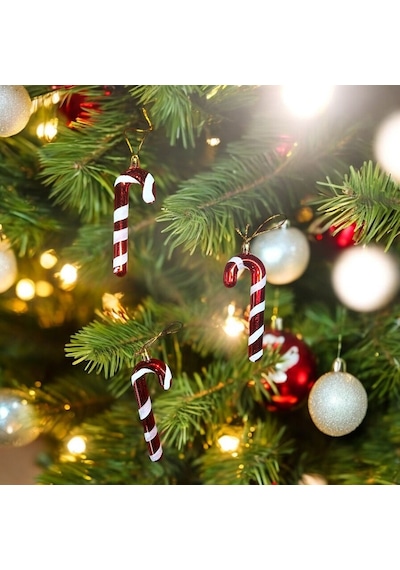 Vıp Deluxe 6 Adet Baston Süs 13 Cm Parlak Simli Kırmızı Yılbaşı Ağacı Süsleri Noel Ağacı Süsleri