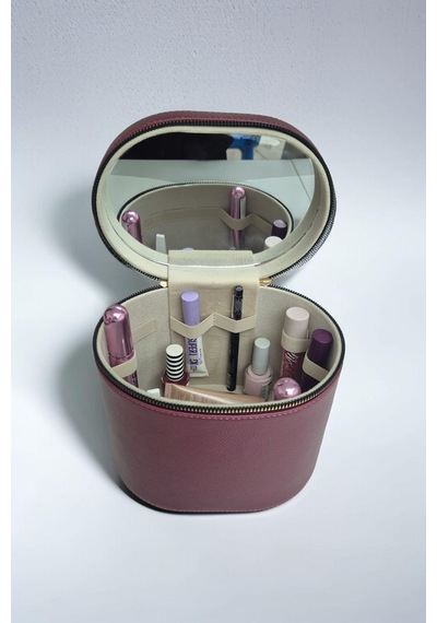 Makyaj Düzenleyici Aynalı Makyaj Çantası Bordo Bölmeli Taşınabilir Kozmetik Organizer 19x15x16 Cm