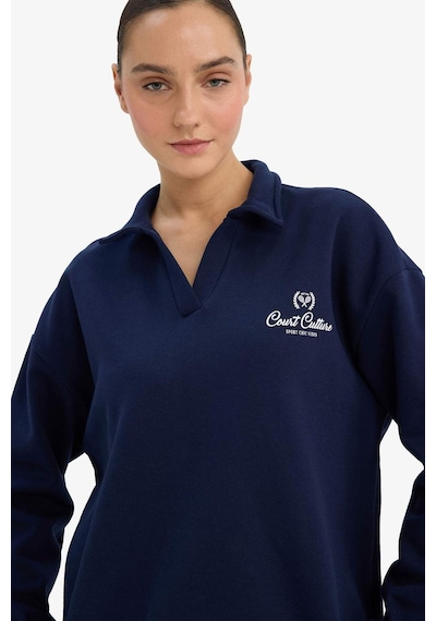 Defacto Relax Fit Polo Yaka Baskılı Kalın Sweatshirt G7014ax25wnnv251 Lacivert-nv251