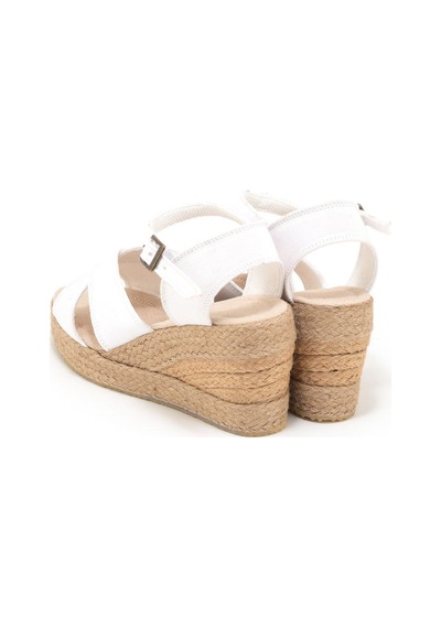 Star Tombis Gerçek Elişi 9cm Topuklu Platformlu Dolgu Topuk Keten Çapraz Sandalet Handmade Beyaz