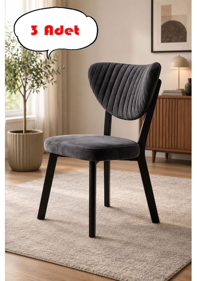 Teknor 3 Adet Elma Sandalye Modern Kadife Kapitone Sırtlı Mutfak Yemek Odası Balkon Kafe Sandalyesi 85 Cm Gri
