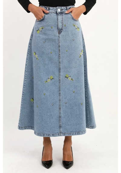 Çiçekli Nakış Detaylı Uzun Denim Etek- Mavi Çok Renkli