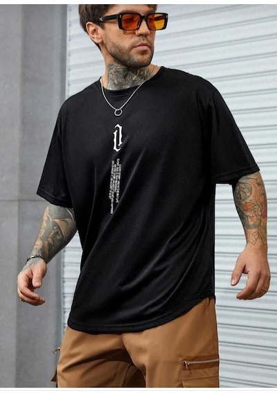 Kozia Outdoors Dikey Baskılı O Yaka Oversize Unisex Basic T-shirt SIYAH