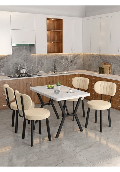 Azra 70x110cm Beyaz Mutfak Masası, Mutfak Masası Takımı, Yemek Masası, 4 Krem Sandalye Krem
