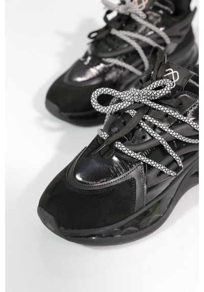 Dgn B1014 Kadin Kalin Taban Bağcikli Sneakers Ayakkabi Siyah