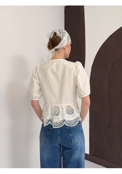 Verymoda Önden Bağlamalı Brode Bluz D2800 Krem