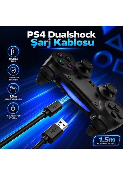 Ps4 Oyun Kolu Şarj Kablosu 1.5 Metre Dualshock 4 Uyumlu Micro Usb Şarj Ve Data Kablosu