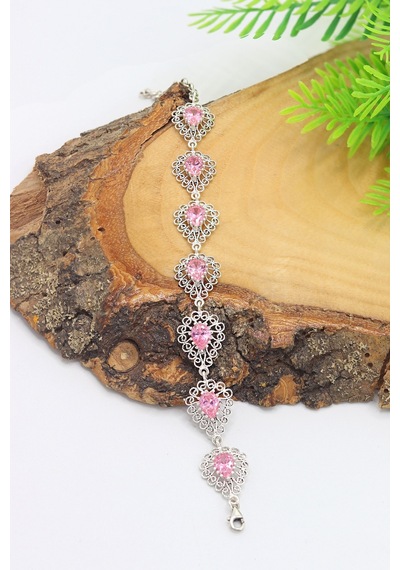 Pembe Kuvars Taşlı Damla Model 925 Ayar Gümüş Telkari Bileklik 201023137