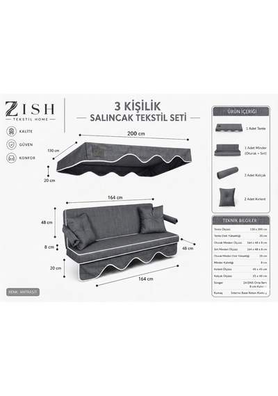Altaleno 3 Kişilik 164 48 Cm Süngerli Bahçe Balkon Salıncak Minderi Yıkanabilir Kılıflı, Tenteli Keten Kumaş Tekstil Seti 24 Dns 8 Cm Orta Sert Sünger Gri