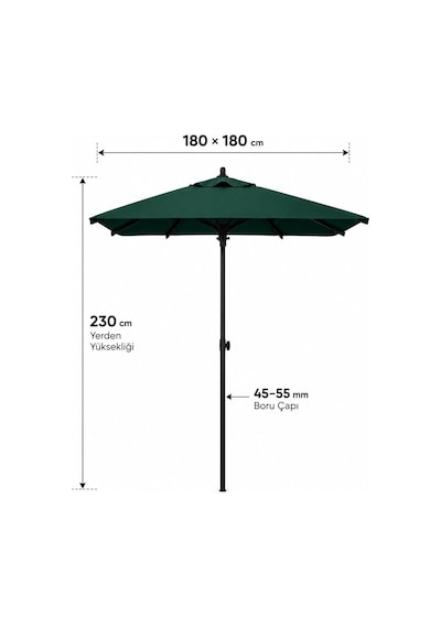 Alubrella Yeşil 210x210 Kare 8 Çelik Tel Bahçe Şemsiyesi Bidonlu