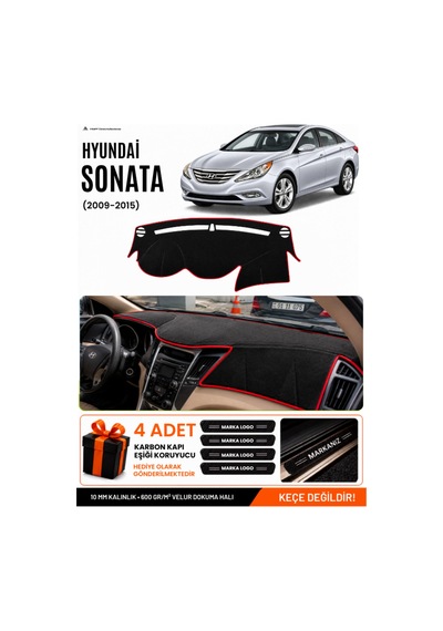 Hyundai Sonata 2009-2015 Uyumlu Torpido Örtüsü, Torpido Kılıfı - Siyah Kırmızı