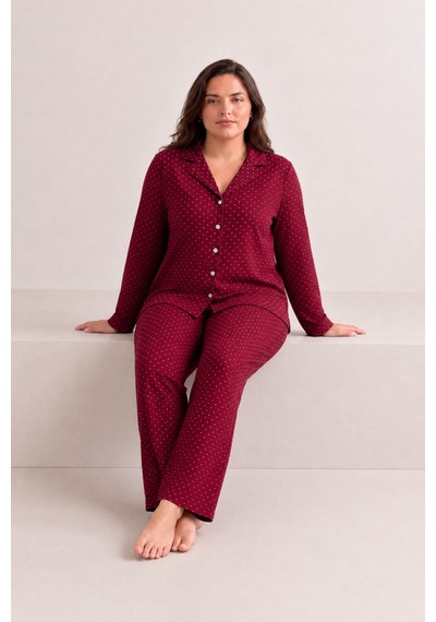 Kadın Rahat Puantiyeli Düğmeli Kırmızı Pijama Takımı 824