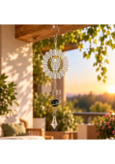 Baykuş Desenli Dekoratif Rüzgar Çanı 36 Cm Metal Gövdeli Kristal Sarkıtlı Balkon Bahçe Pencere Süsü
