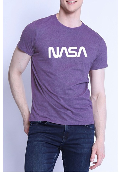 Medinenur Unisex Nasa Baskılı Siyah Tshirt Mor Melanj