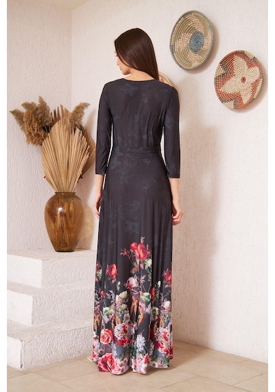 Darlin Moda Siyah Kruvaze Kırmızı Çiçek Desenli Abiye Elbise Dm1016