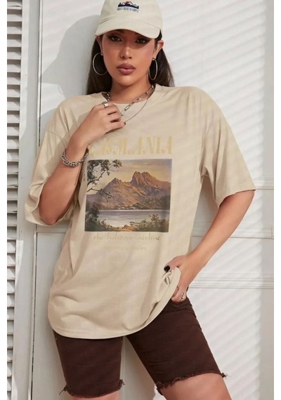 Unisex Tasmania Baskılı Tasarım Tshirt Bej
