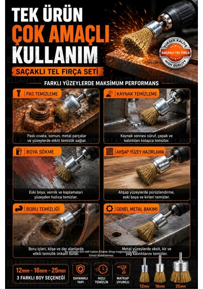 Tel Fırça Seti 3'lü Matkap Uyumlu Tel Fırça Aparatı 12mm 16mm 25mm Pas Boya Oksit Kaynak Temizleme F