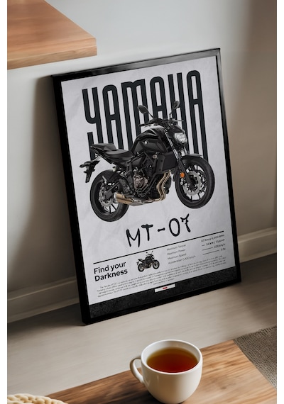 Yamaha Mt-07 Siyah Ahşap Çerçeveli Poster, Dekoratif Motosiklet Duvar Tablosu