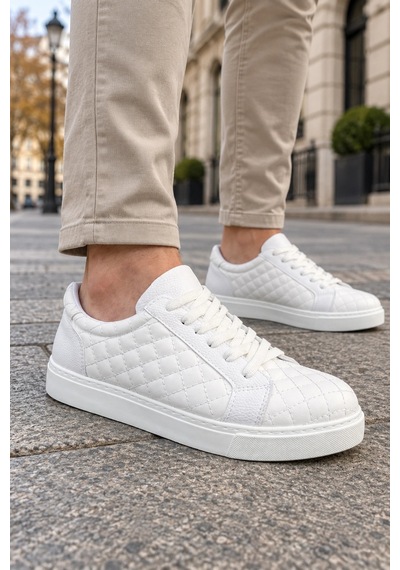 Mevese Egitserp Bağcıklı Cilt Kapitone Desenli Erkek Günlük Sneaker Ayakkabı - Beyaz