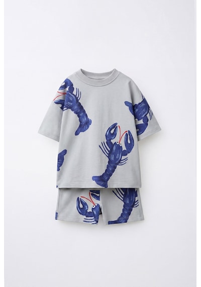 Magu Erkek Çocuk Pamuklu Istakoz Desenli T-shirt Şort Takım Gri