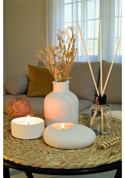 Dekoratif Kase İçinde Mum,tealight Mumluk,vazo,oda Kokusu 4lü Set Altlık Ve Çiçek Dahil Değildir Beyaz