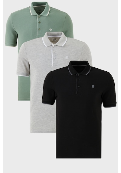 Buratti Pamuklu Slim Fit Şerit Detaylı Düğmeli Polo Yaka 3'Lü Paket Erkek T Shirt 5902118S3 Siyah-Gri Melanj-Elma Yeşili-Beyaz