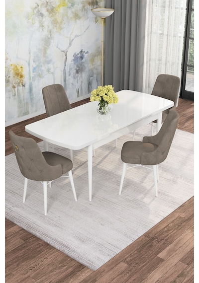 Mona Beyaz 80x132 Açılabilir Mdf Masa Yemek Odası Takımı, Mutfak Takımı 4 Adet Sandalye Beyaz Masa - 4 Cappuccino - Beyaz Ayak Mona Beyaz 80x132 Açılabilir Mdf Masa Yemek Odası Takımı, Mutfak Takımı 4 Adet Sandalye Beyaz Masa - 4 Cappuccino - Beyaz Ayak