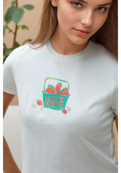 Hiccup Baskı Detaylı Regular Fit Bisiklet Yakalı %100 Pamuklu Crop T-shirt Çok Renkli