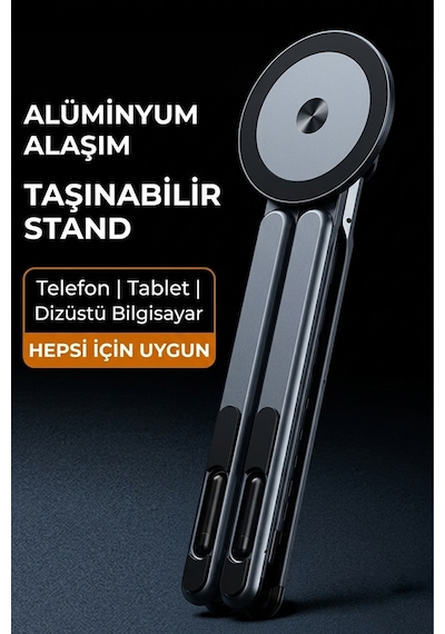 3'ü 1 Arada Magsafe Uyumlu Alüminyum Stand - Selfie Çubuğu, Telefon, Tablet Ve Laptop Tutucu Krom