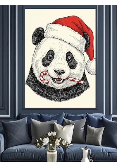 Noel Şapkalı Sevimli Panda Dekoratif Kanvas - Mdf Ahşap Tablo