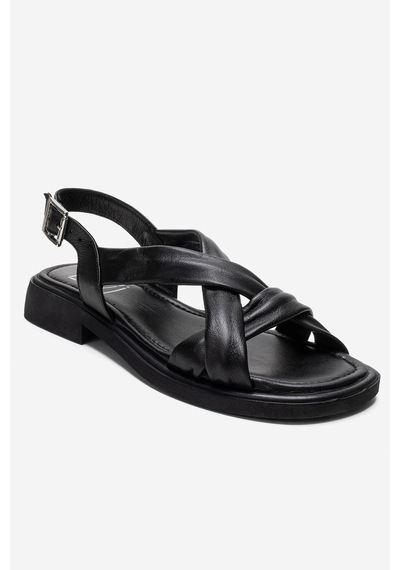 Luvishoes Frand Siyah Hakiki Deri Çapraz Bantlı Kadın Sandalet