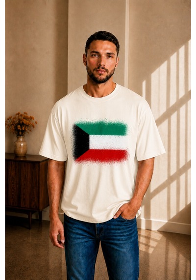 Sngl Tekstil Erkek Oversize Kuveyt Bayrak Baskılı Kısa Kollu Tişört S M L Xl 2xl Ekru