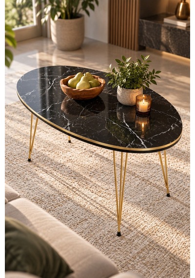 Sulorahome Oval Mermer Desenli Siyah Orta Sehpa Gold Metal Ayaklı
