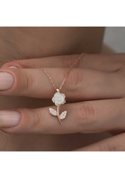 Gümüş Rose Beyaz Gül Kolye Altın