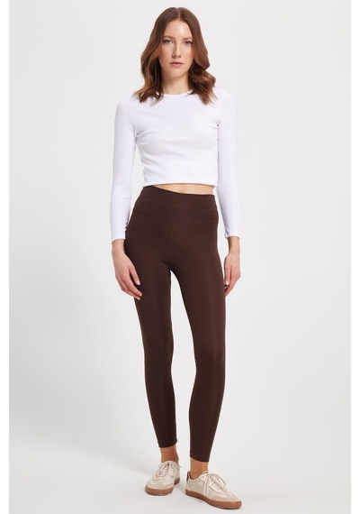 Tudors Kadın Slim Fit Dar Kesim Scuba Kumaş Beli Lastikli Kahverengi Tayt-42440 Kahverengi