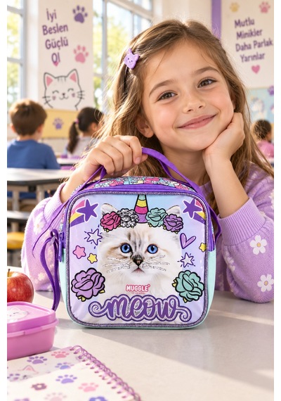 Pretty Cat Sevimli Kedi Beslenme Çantası Çocuk Okul Yemek Çantası Günlük Kullanım 21x21x10 Cm Çok Renkli