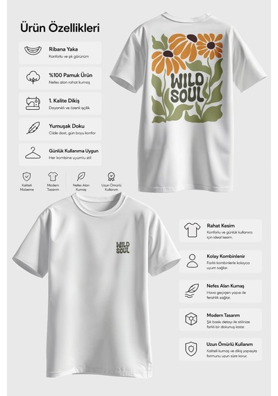 Spoyi Wild Soul Tasarımlı %100 Pamuk Yarım Oversize Beyaz T-shirt