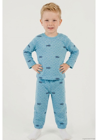 Breeze Erkek Bebek Pijama Takımı Deniz Temalı Köpekbalığı Desenli 9 Ay - 3 Yaş , Turkuaz