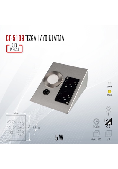 Cata Ct-5109 Üçgen Tezgah Altı Priz Ve Aydınlatma Beyaz Işık
