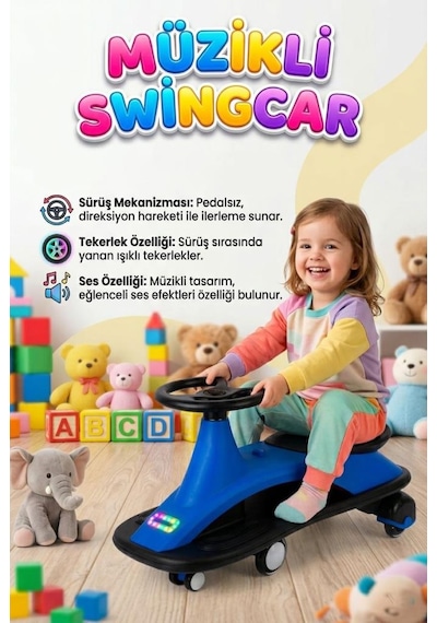 Müzikli Ve Işıklı Tekerlekli 1 Fonksiyonlu Pedalsız Eğitici Bin-git Oyuncak Karınca Kaykay Mavi